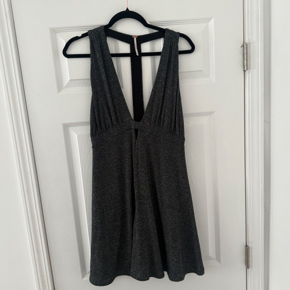 Free People Womens Dress M Plunge Neck Sleeveless Mini Dress Party Sparkly Black - Picture 1 of 8